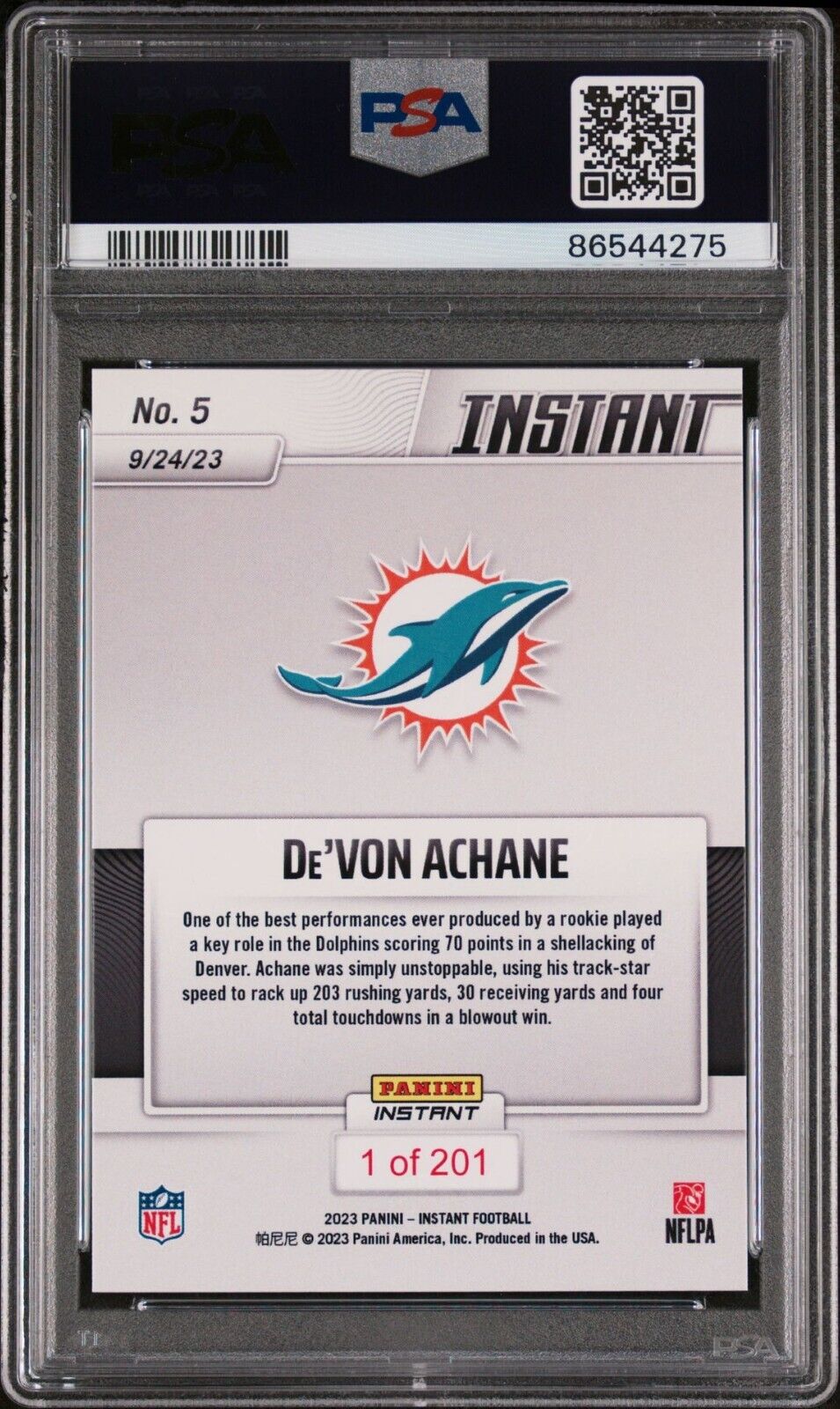 Devon Achane 2023 Panini NFL Rookie #5 Card 1 of 201 Colts PSA 8 Near Mint-Mint