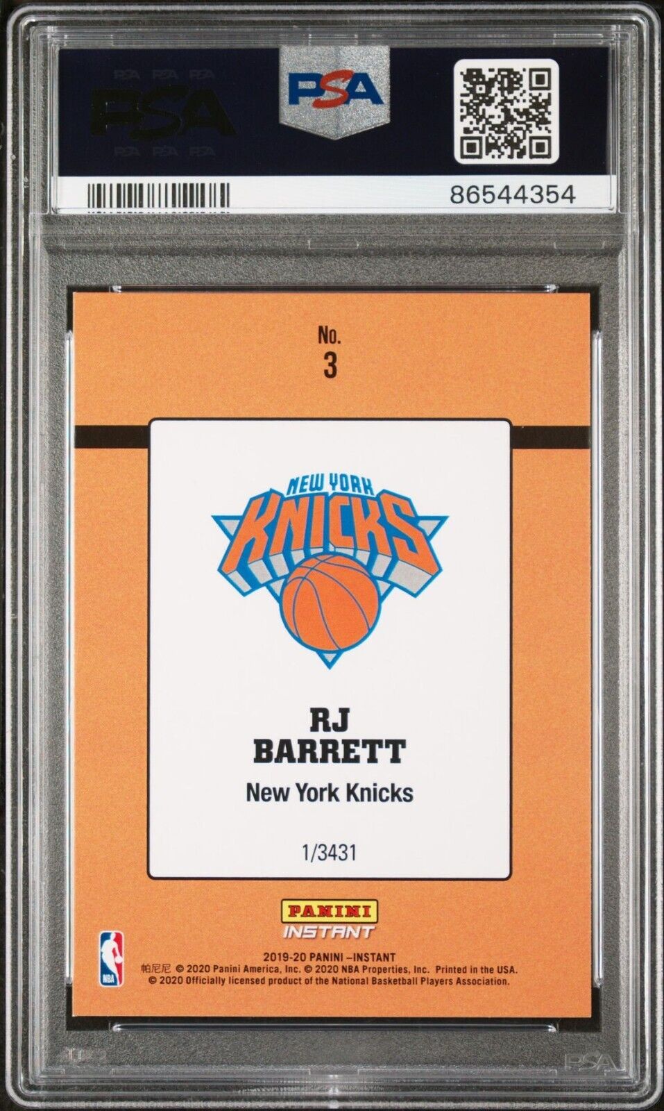 RJ Barrett 2019-20 Panini NBA Rated Rookie Retro Card 1/3431 PSA 9 MINT