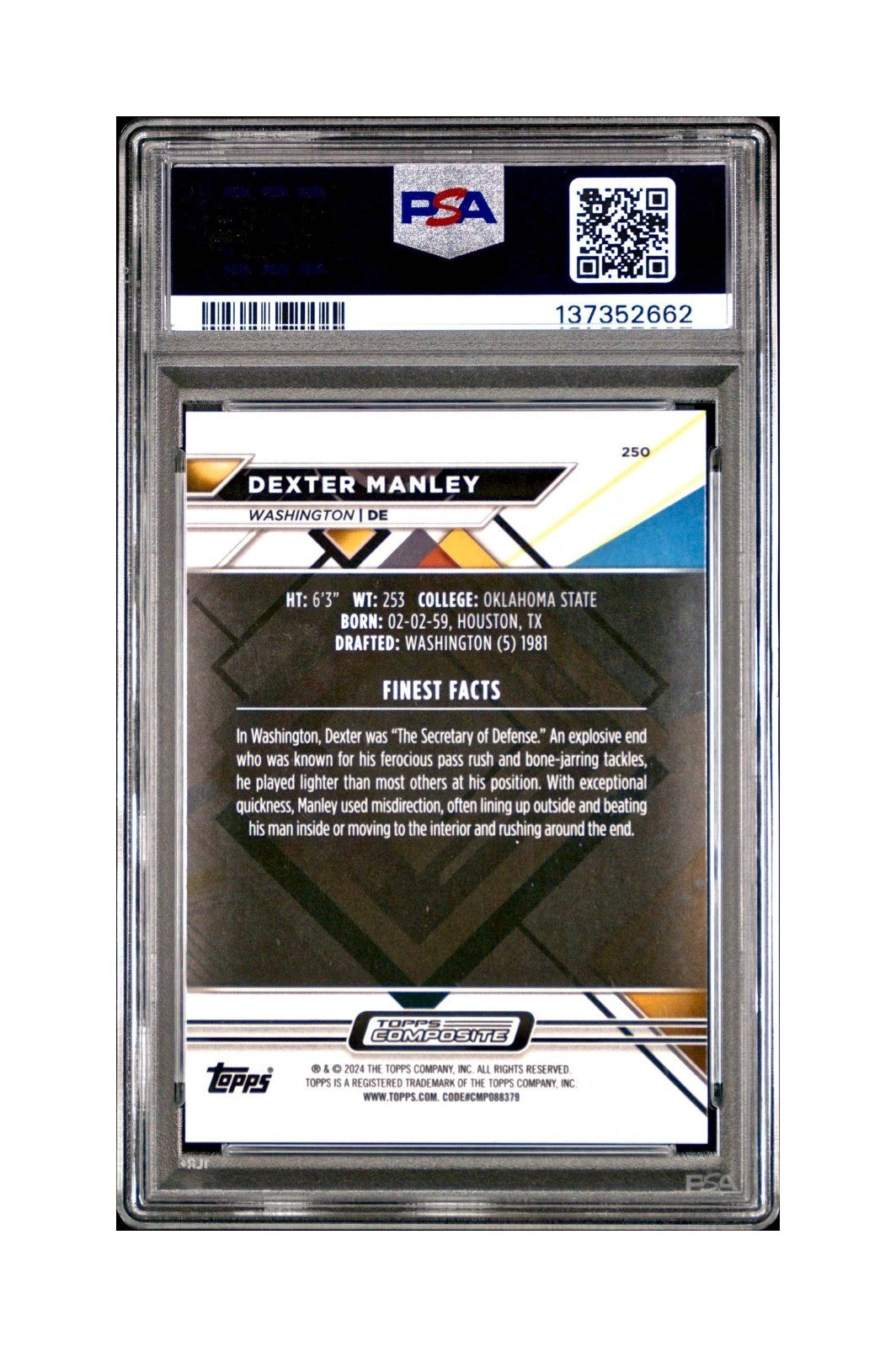 Dexter Manley 2023 Topps Finest 02/15 #250 Black Refractors PSA 10 Gem Mint