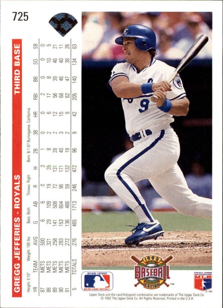 Gregg Jefferies 1992 Upper Deck MLB #725 Baseball Card Kansas City Royals