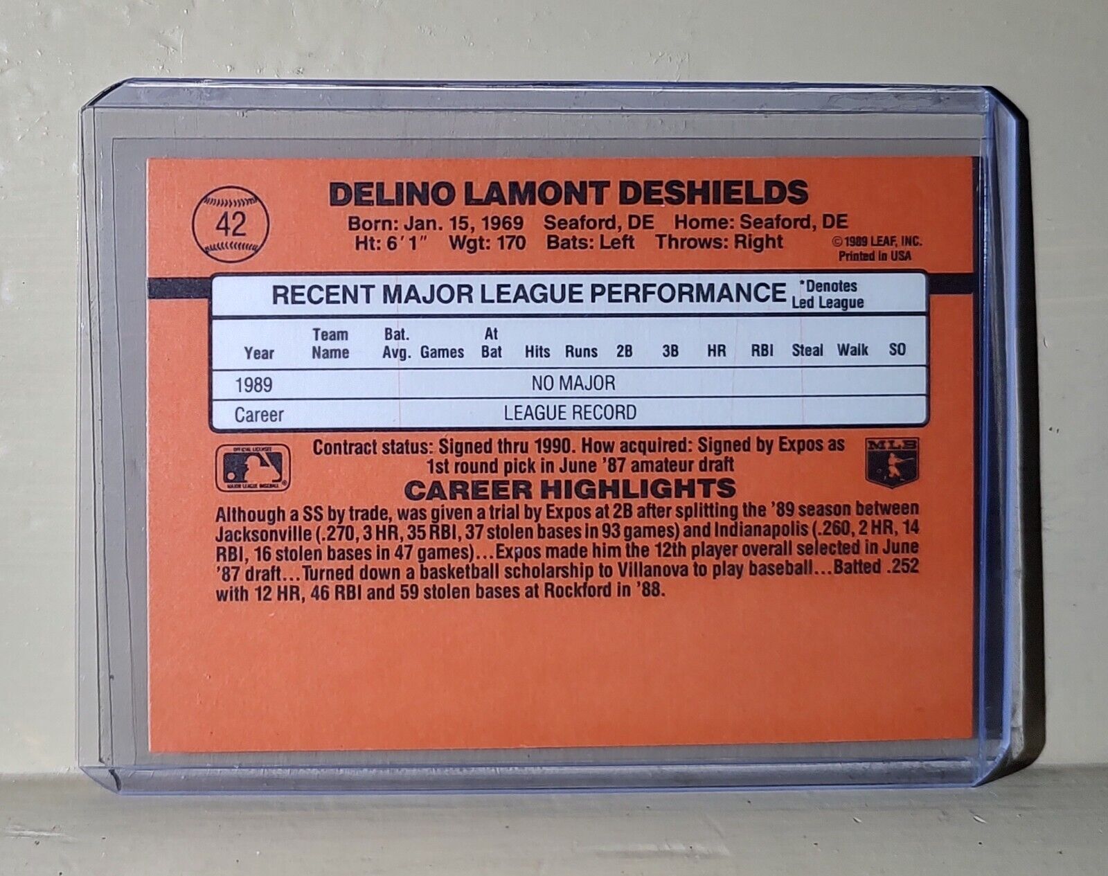 Delino Deshields 1989 Leaf MLB #42 Donruss Rated Rookie Baseball Card Expos