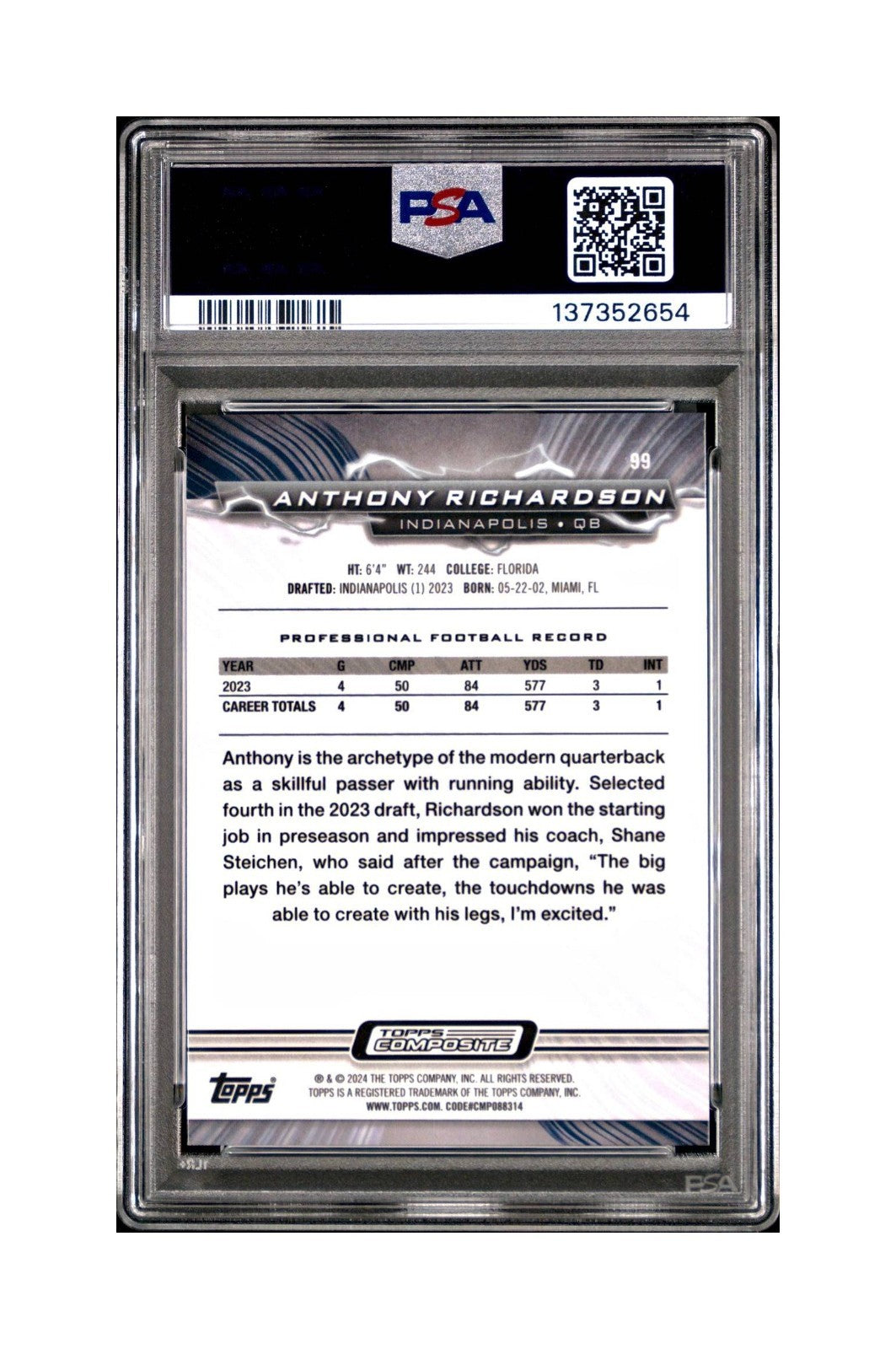 Anthony Richardson 2023 Topps Resurgence 021/225 Navy Surge PSA 10 Gem Mint