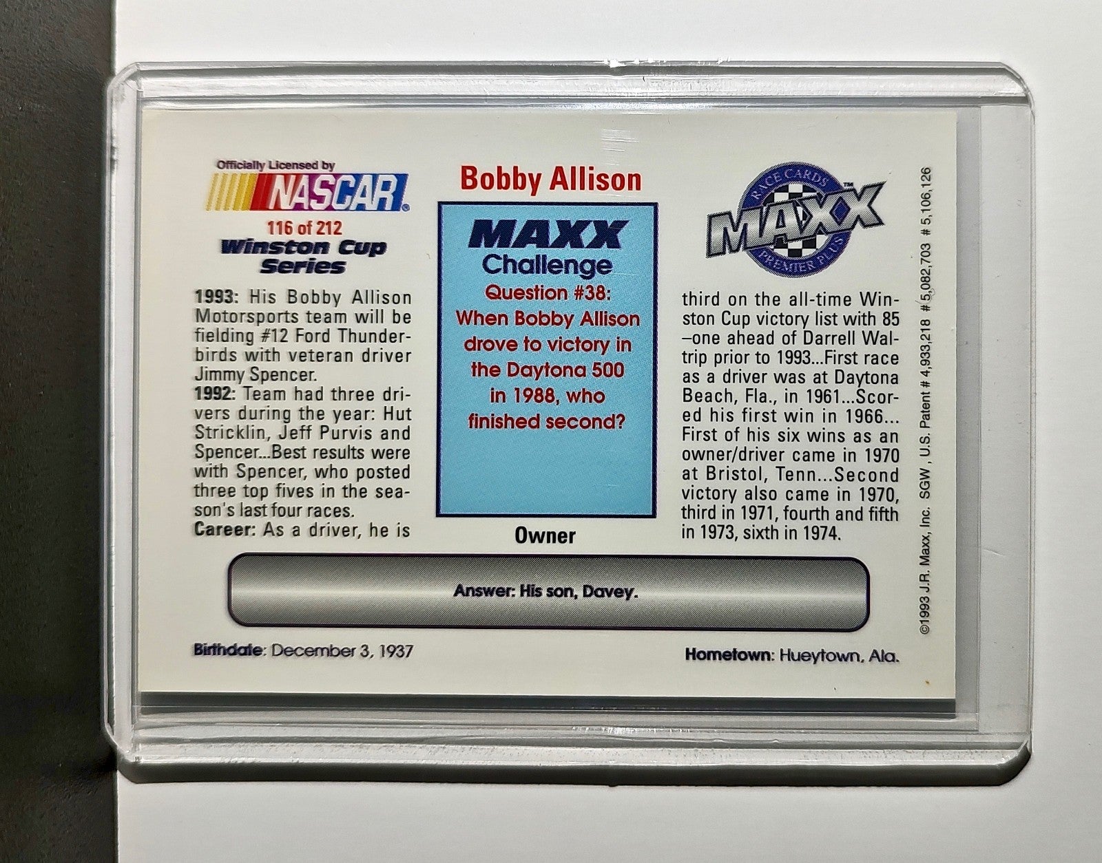 Bobby Allison 1993 Maxx Premier Plus Racing #116 NASCAR Bobby Allison Racing