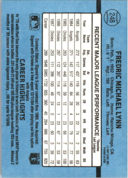 1988 Fred Lynn Donruss Baseball Card #248