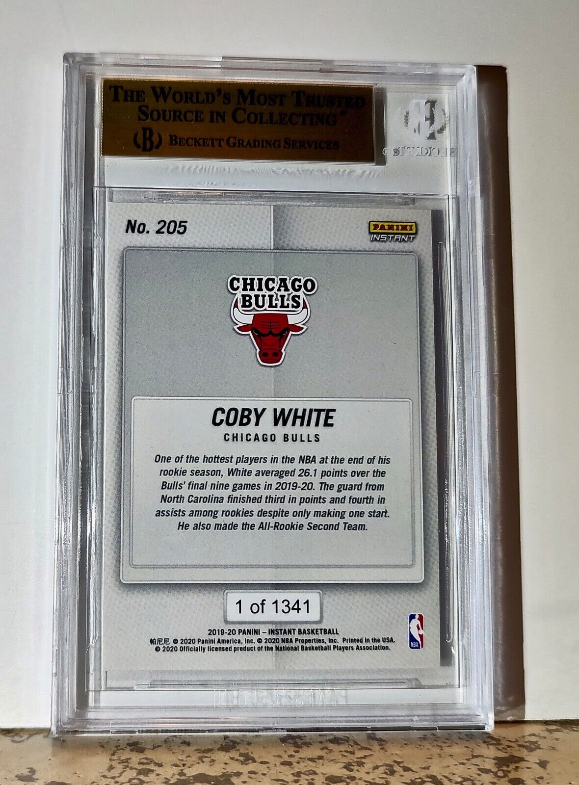 Coby White 2019-20 Panini NBA #205 Rookie Card 1 of 1341 BGS 9.5 Gem Mint Bulls