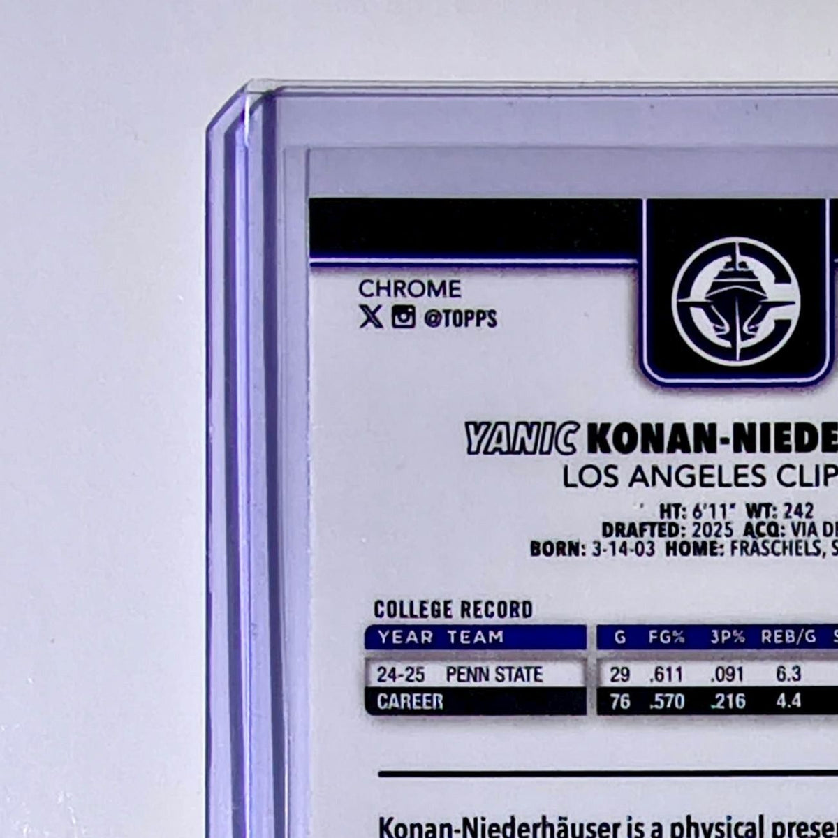 Yanic Konan Niederhäuser Rookie 2025-26 NBA Topps Chrome Update #180 Card