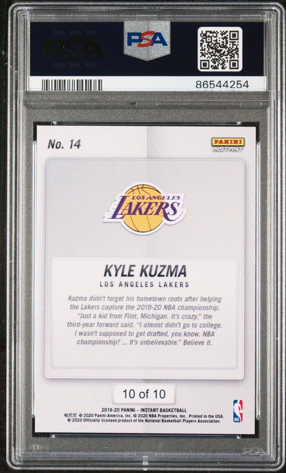 Kyle Kuzma 2020 Panini LA Lakers NBA Champions #14 Green Card 10/10 PSA 8 NM-MT