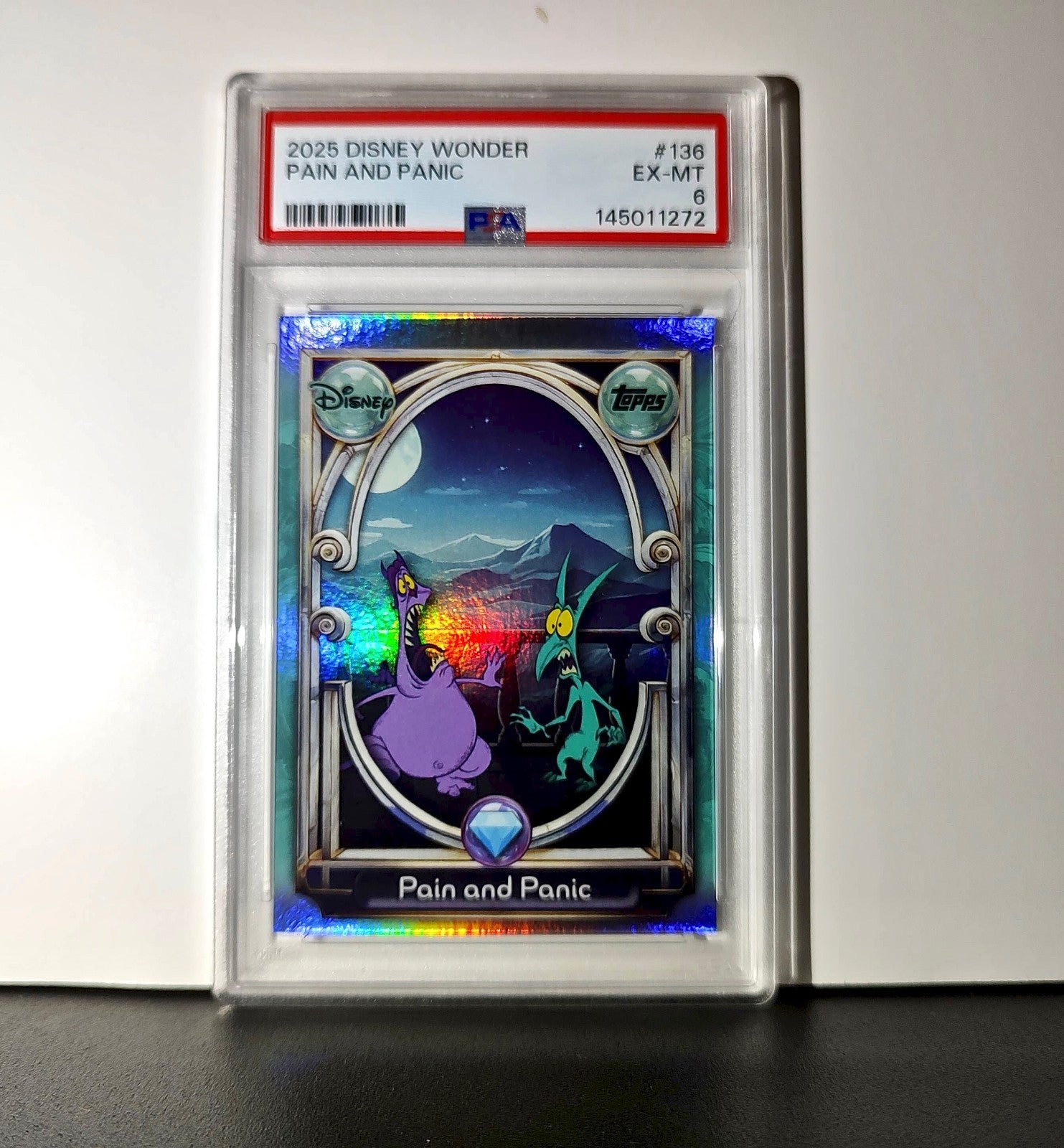 Pain and Panic 2025 Topps Disney Wonder #136 Diamond Card Hercules PSA 6