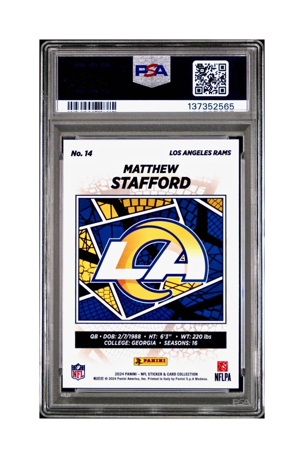 Matthew Stafford 2024 Panini Sticker Collection 38/349 #14 Blue Foil PSA 8 NM-MT