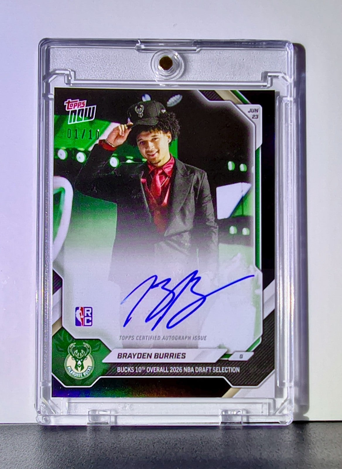 Brayden Burries 2026 Rookie NBA Topps Draft #BBUR-A Autograph Card Bucks 01/10
