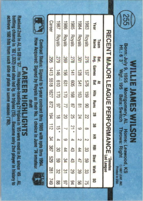 1988 Willie Wilson Donruss Baseball Card #255