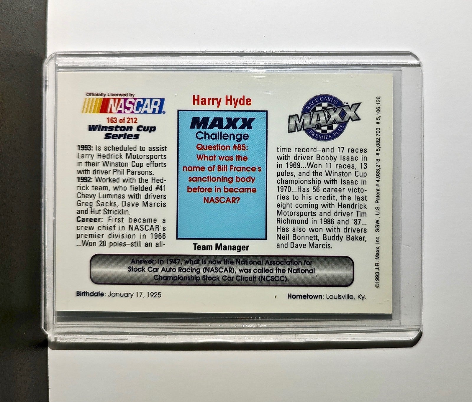 Harry Hyde 1993 Maxx Premier Plus Racing #163 NASCAR Larry Hedrick Motorsports