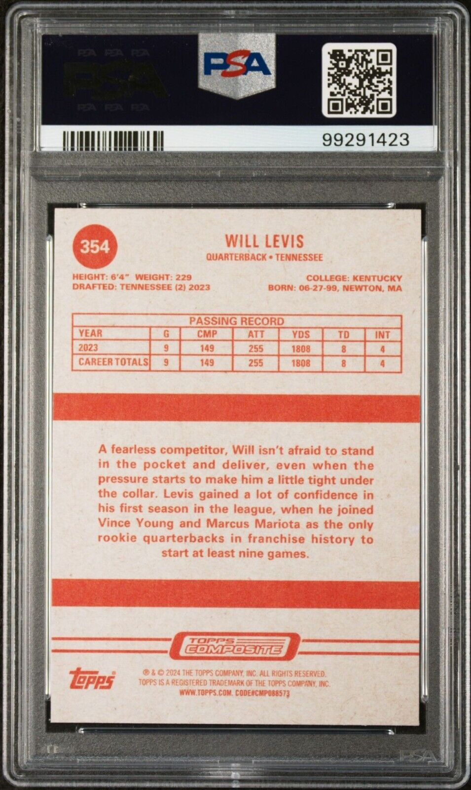 Will Levis 2023 Topps Heritage NFL #354 Rookie Football Card PSA 10 Gem Mint