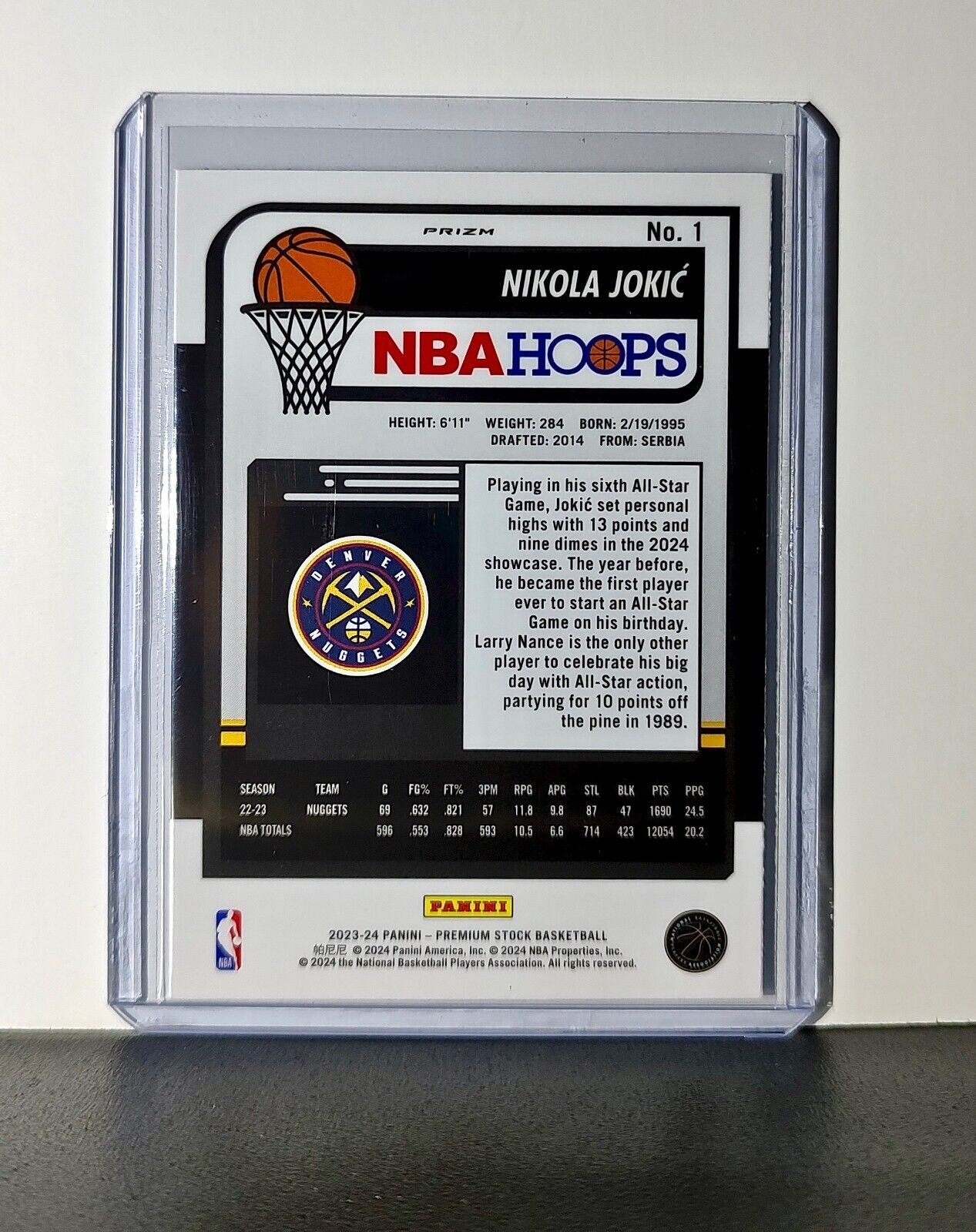 Nikola Jokic 2023-24 Panini Premium Stock NBA Hoops #1 Prizm Refractor Nuggets