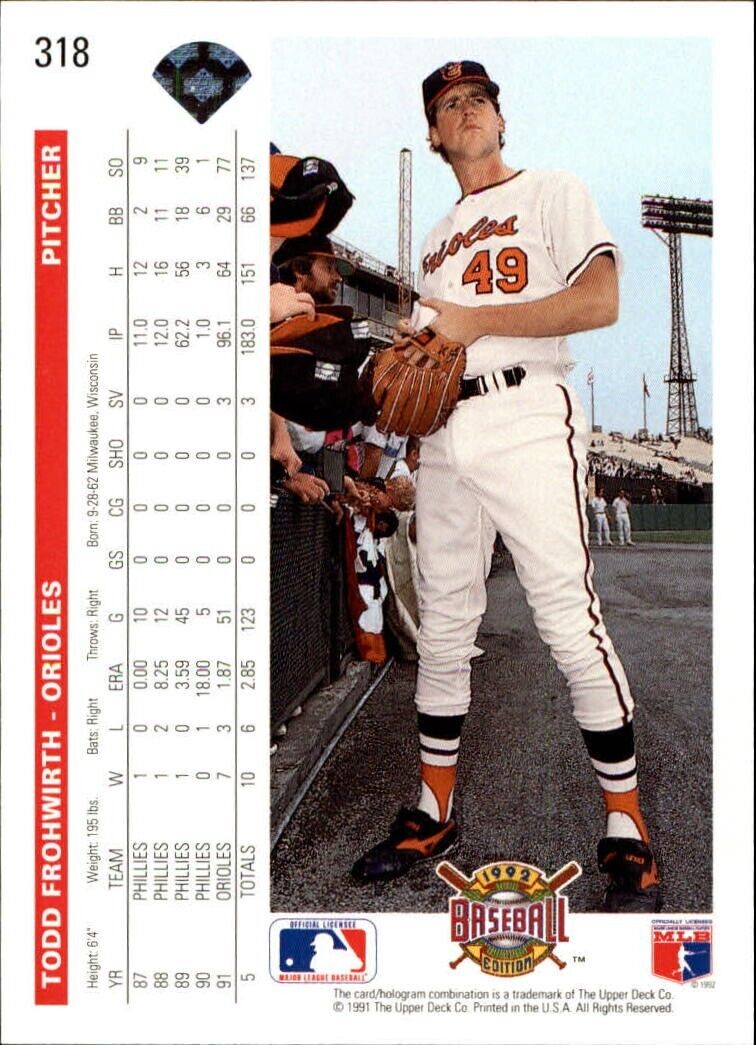 Todd Frohwirth 1992 Upper Deck MLB #318 Baseball Card Baltimore Orioles