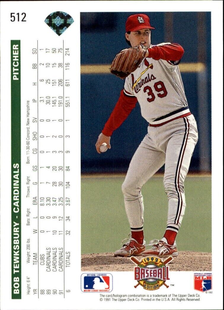 Bob Tewksbury 1992 Upper Deck MLB #512 Baseball Card St. Louis Cardinals