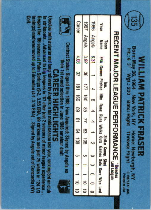 1988 Willie Fraser Donruss Baseball Card #135