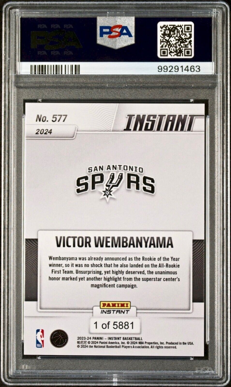 Victor Wembanyama 2023 Panini NBA All-Rookie 1st Team 577 Rookie Card PSA 9 Mint