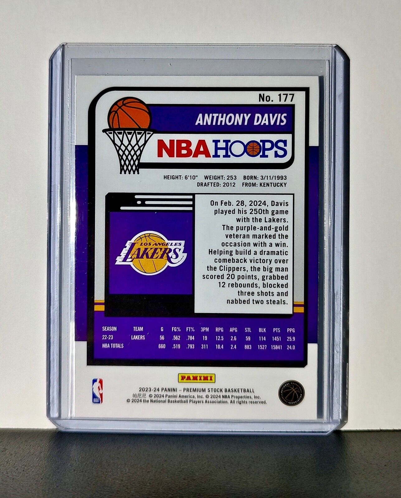 Anthony Davis 2023-24 Panini Premium Stock NBA Hoops #177 Card LA Lakers
