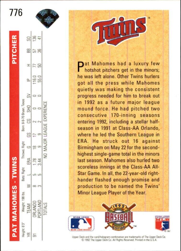 Pat Mahomes 1992 Upper Deck MLB #776 Rookie Baseball Card Minnesota Twins