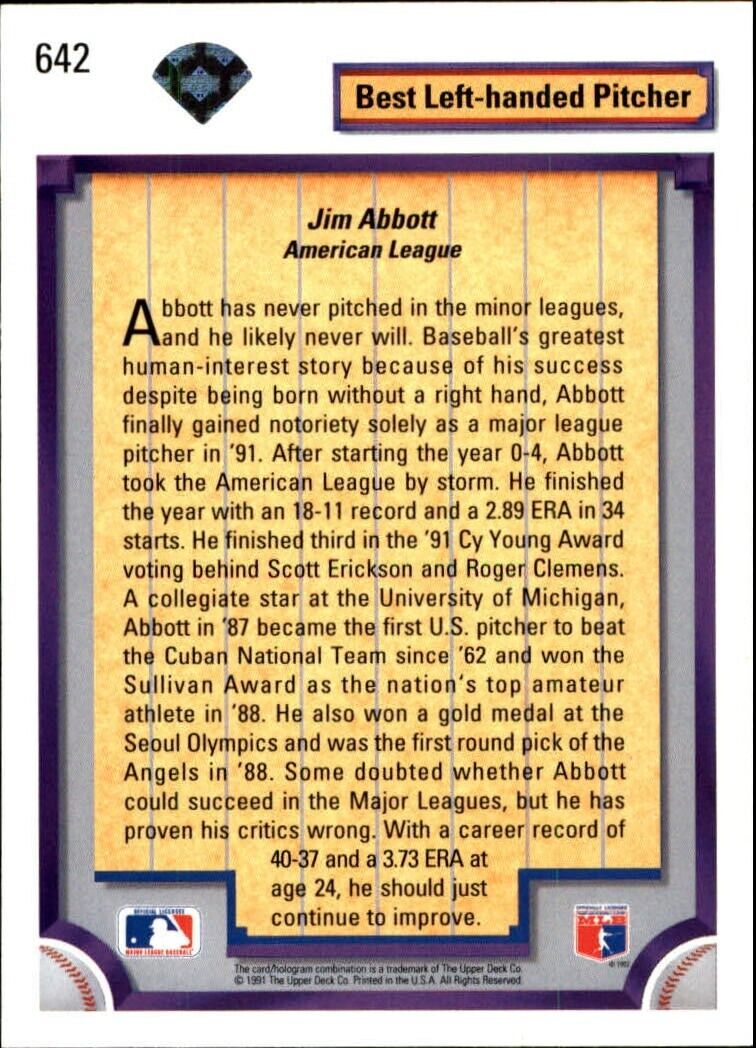 Jim Abbott 1992 Upper Deck MLB #642 DS Baseball Card California Angels