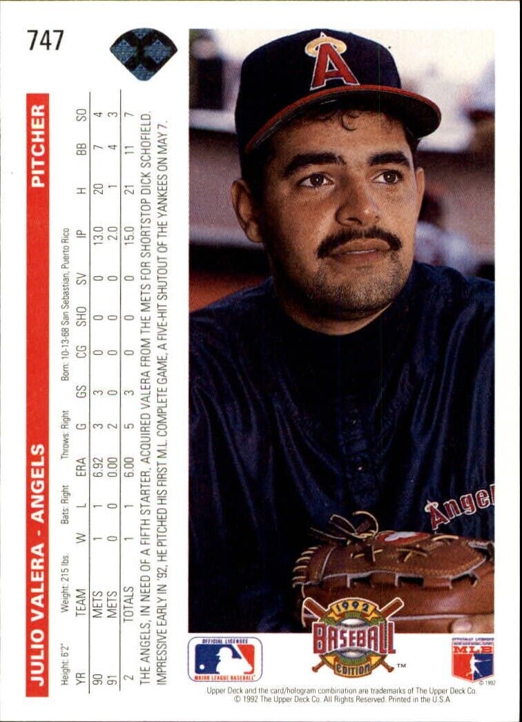 Julio Valera 1992 Upper Deck MLB #747 Baseball Card California Angels