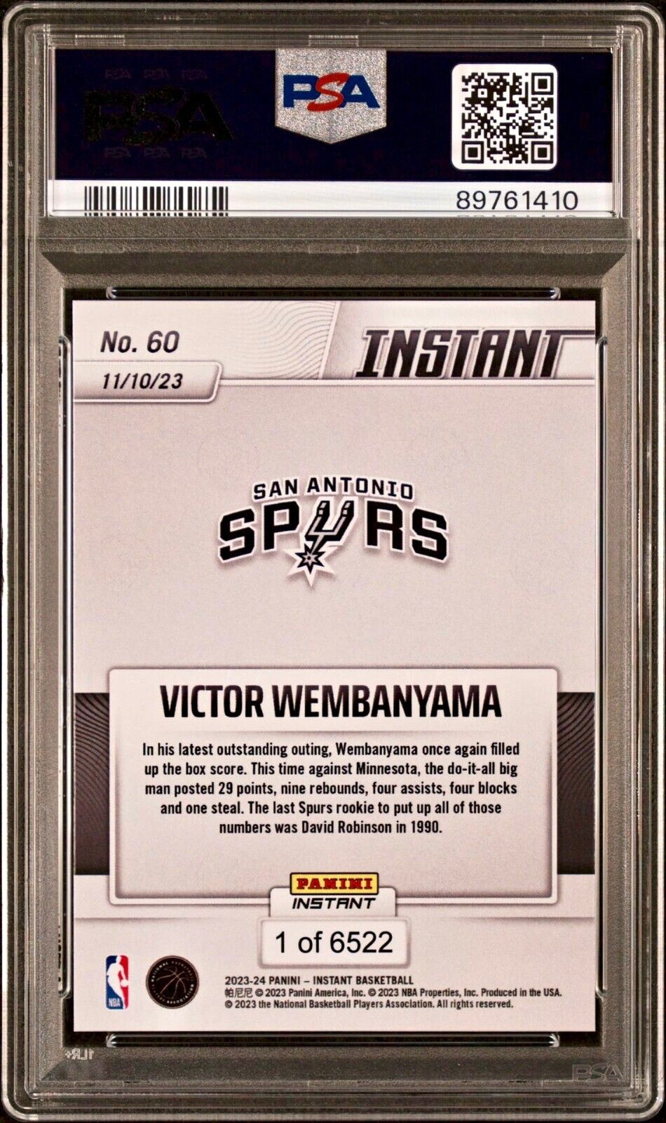 Victor Wembanyama 2023-24 Panini #60 NBA Rookie Card Spurs 1 of 6522 PSA 8 NM-MT