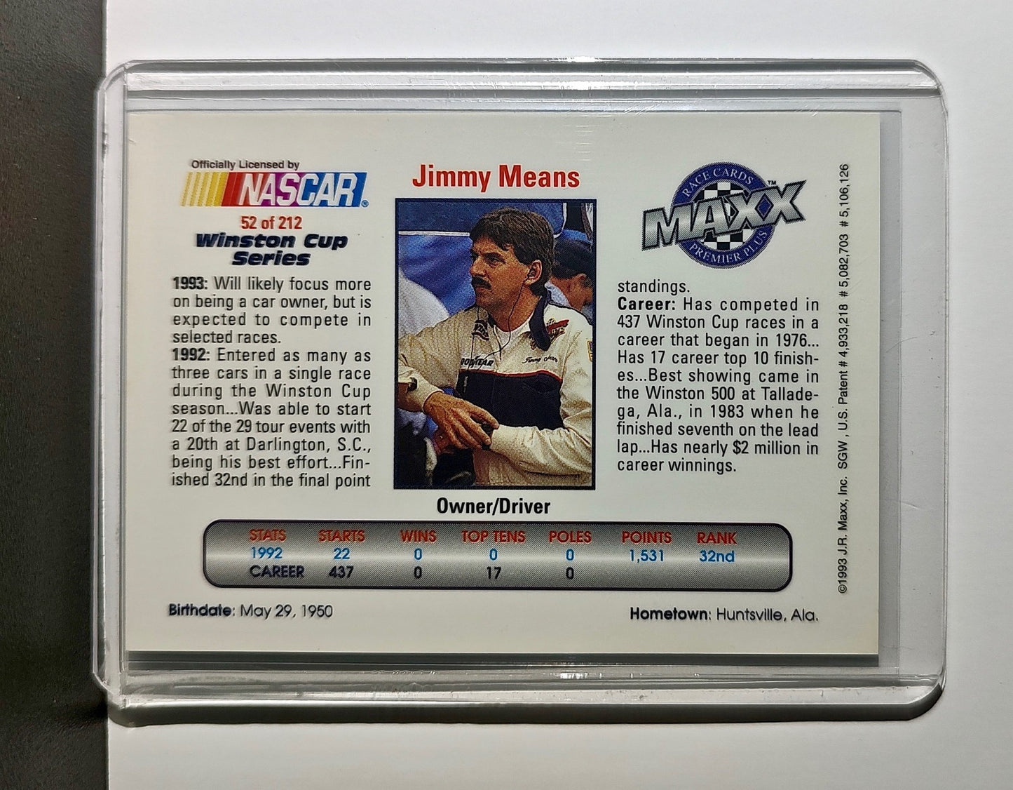 Jimmy Means 1993 Maxx Premier Plus Racing #52 NASCAR Card Jimmy Means Racing