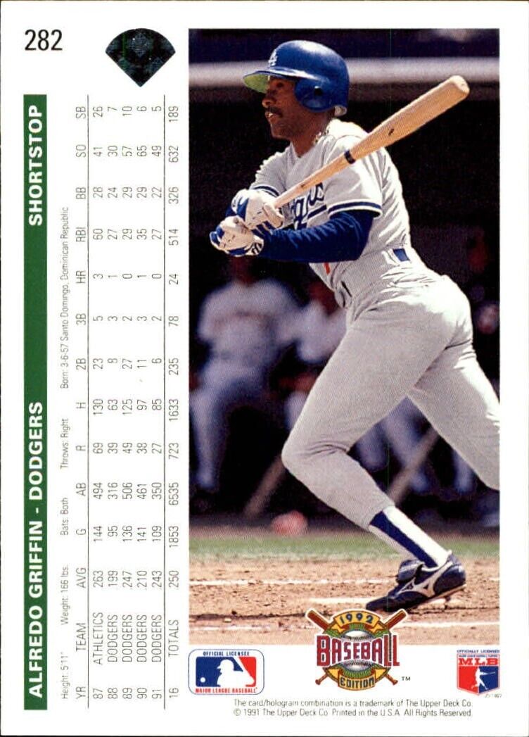 Alfredo Griffin 1992 Upper Deck MLB #282 Baseball Card Los Angeles Dodgers