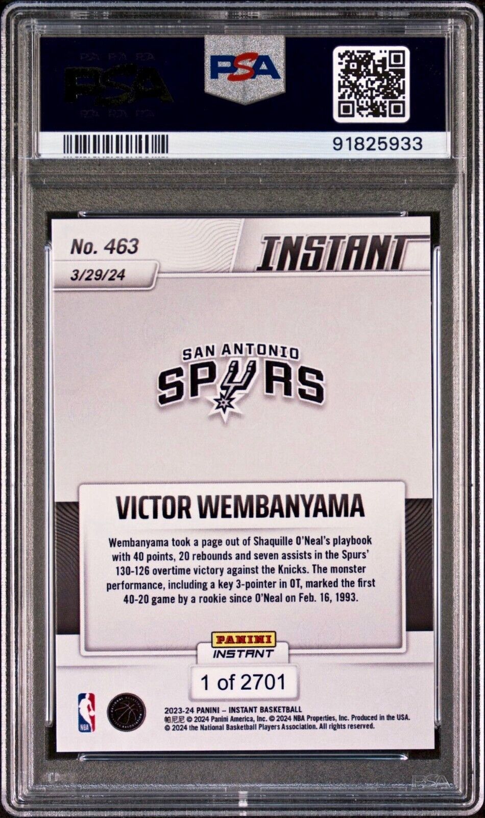 Victor Wembanyama 2023-24 Panini #463 NBA Rookie Card 1 of 2701 PSA 9 Mint