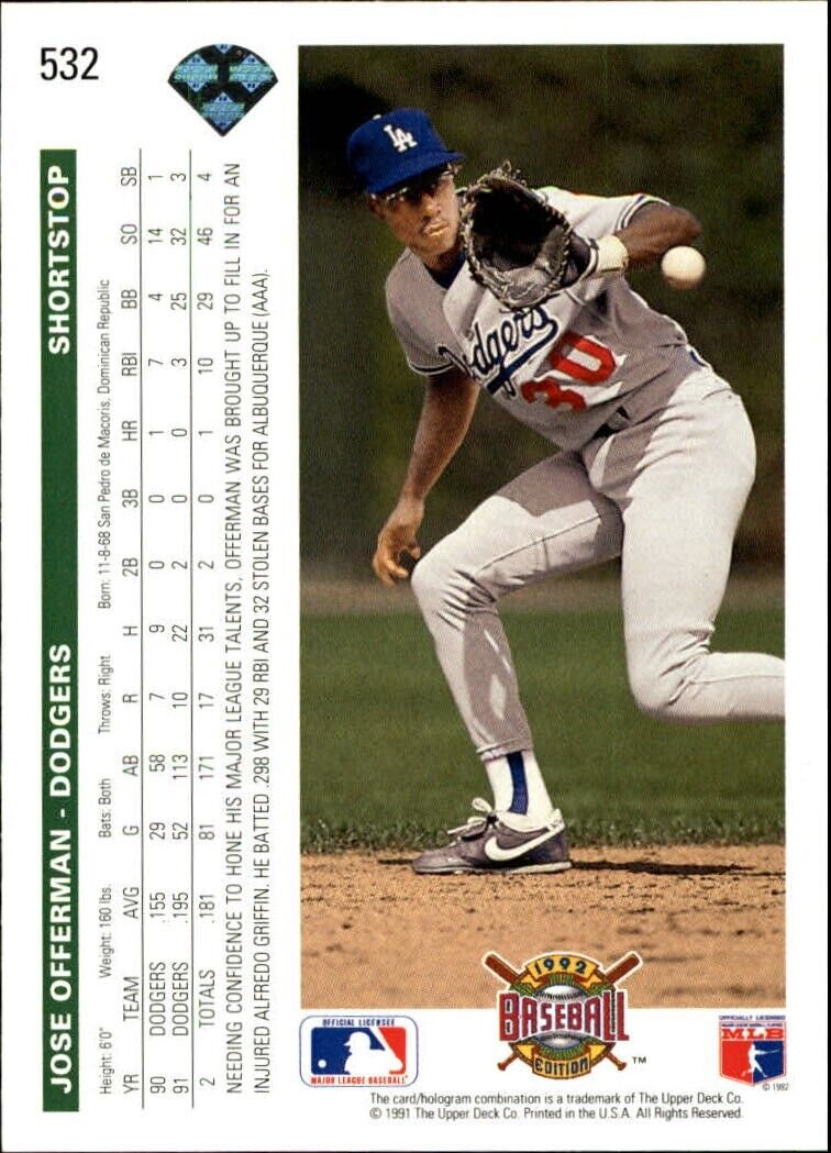 Jose Offerman 1992 Upper Deck MLB #532 Baseball Card Los Angeles Dodgers