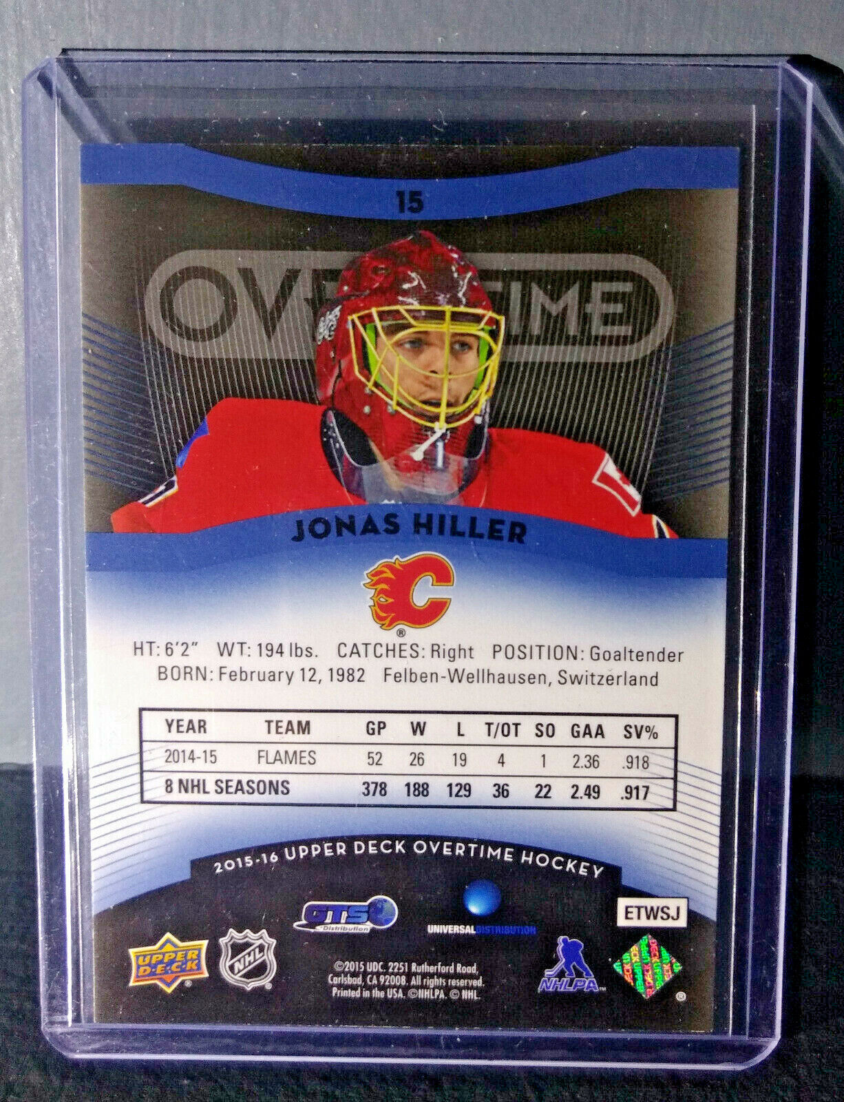 2015-16 Jonas Hiller Upper Deck Overtime Hockey #15 Card