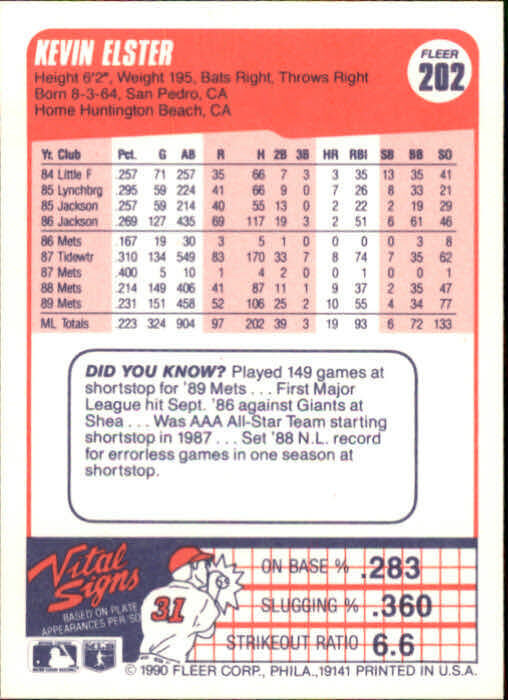 1990 Kevin Elster Fleer Baseball Card #202