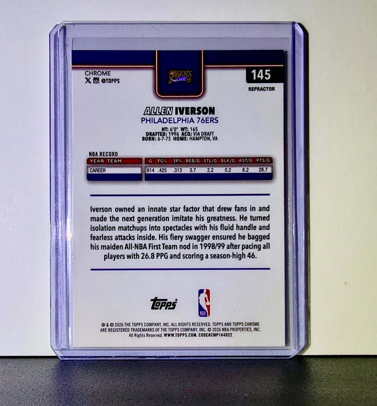 Allen Iverson 2025-26 NBA Topps Chrome Update Refractor #145 Card 76ers