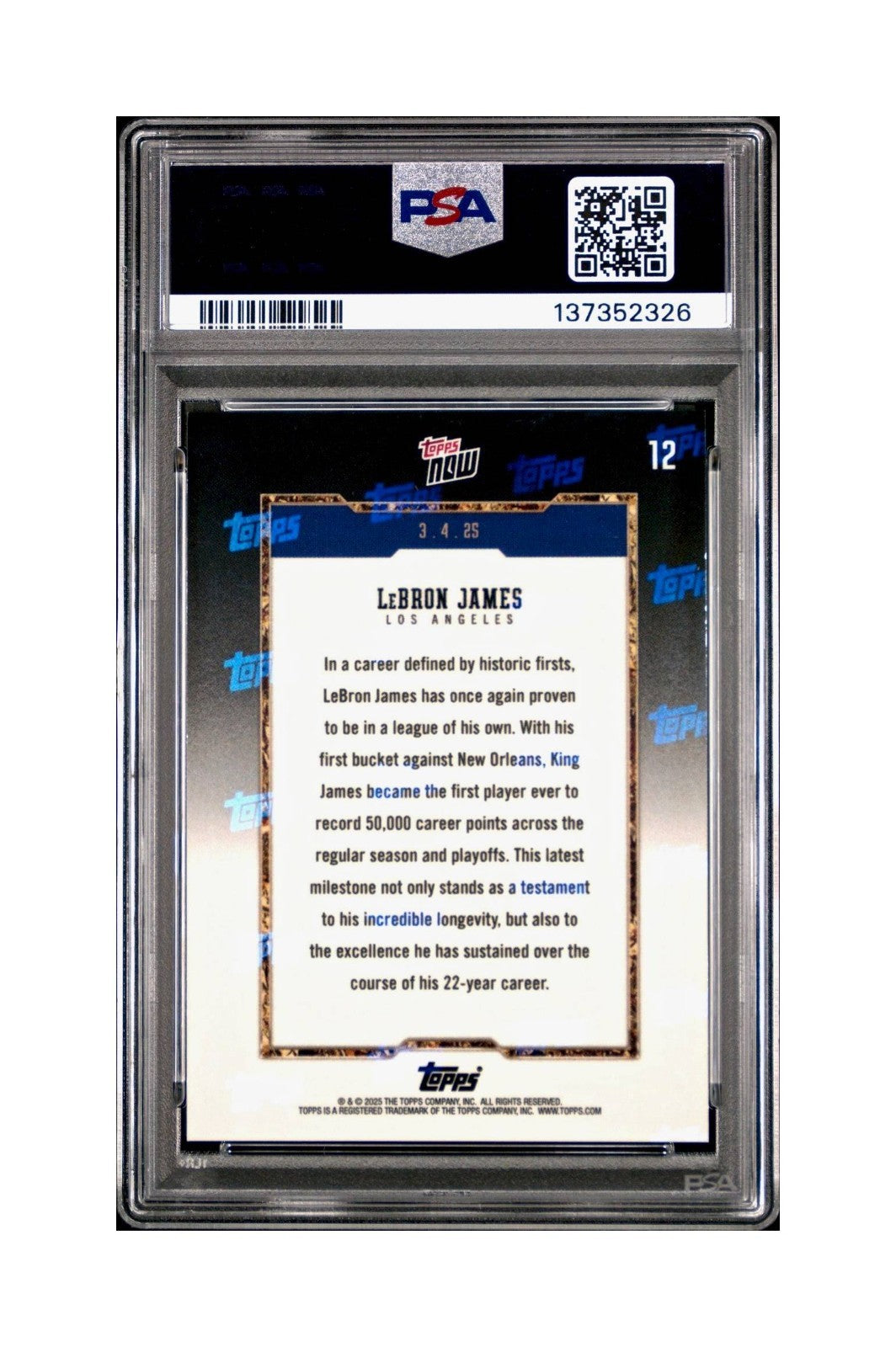 Lebron James 2024 Topps Now 50k Career Points #12 Card PSA 8 NM-MT