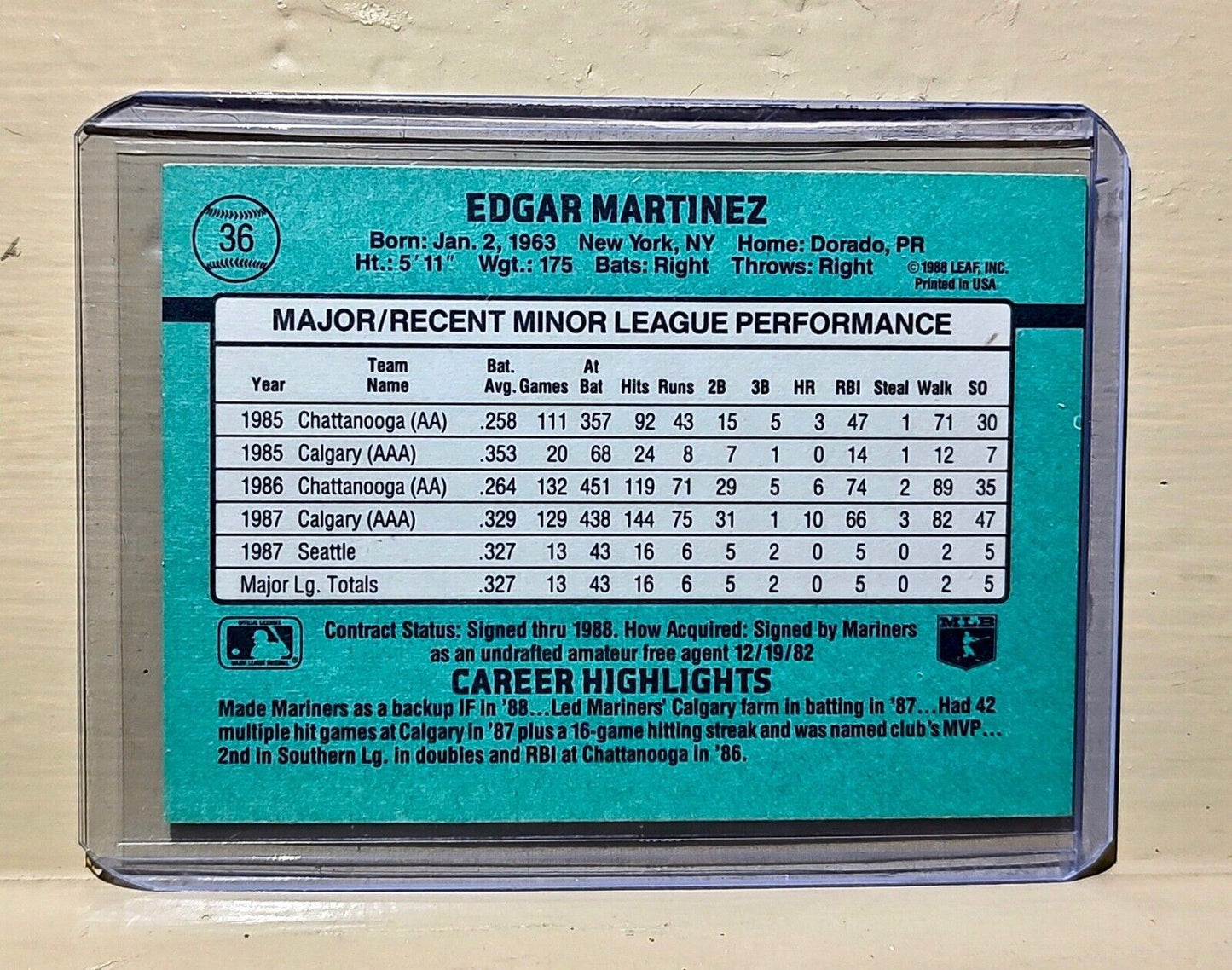 Edgar Martinez 1988 Donruss MLB #36 The Rookies Baseball Card Seattle Mariners