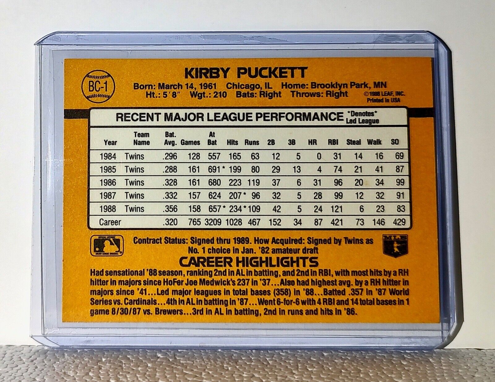 Kirby Puckett 1989 Donruss MLB #BC-1 Baseball Card Minnesota Twins