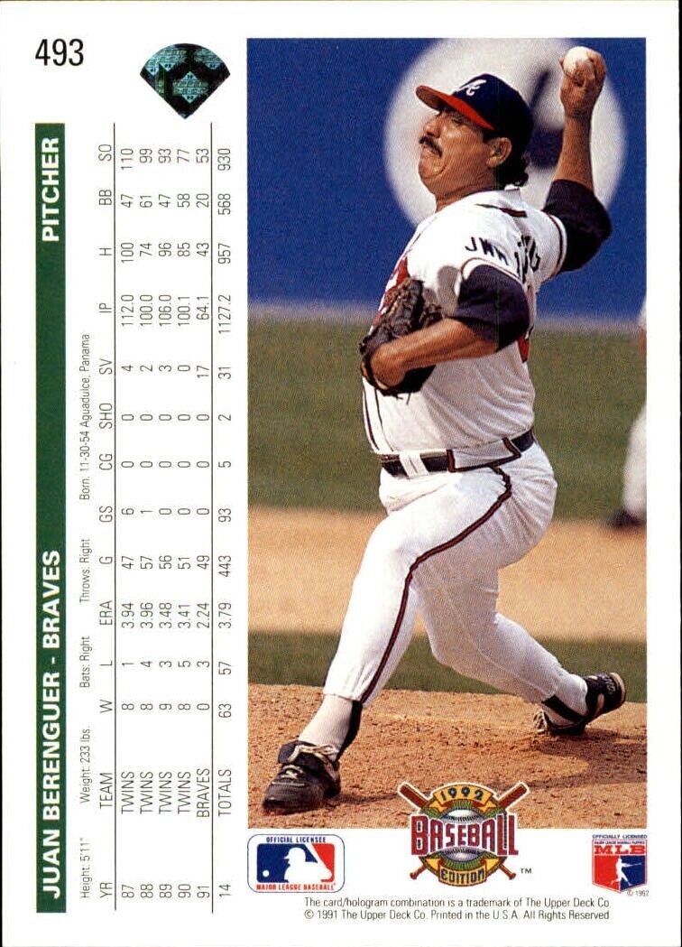 Juan Berenguer 1992 Upper Deck MLB #493 Baseball Card Atlanta Braves