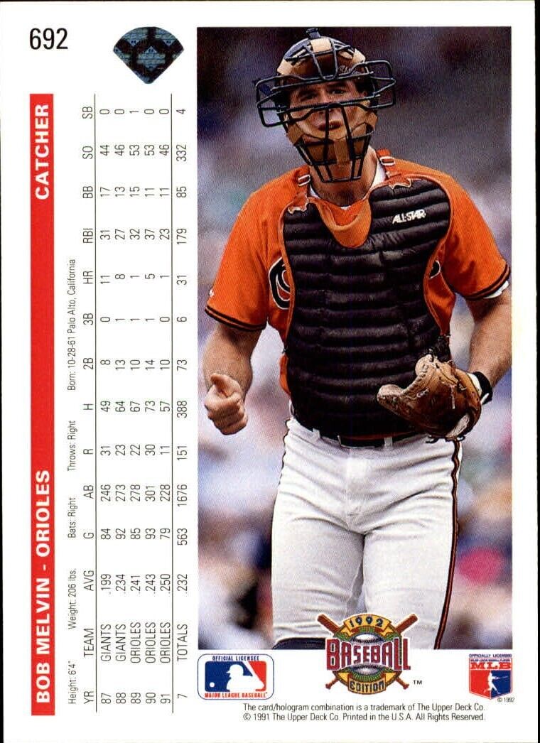Bob Melvin 1992 Upper Deck MLB #692 Baseball Card Baltimore Orioles