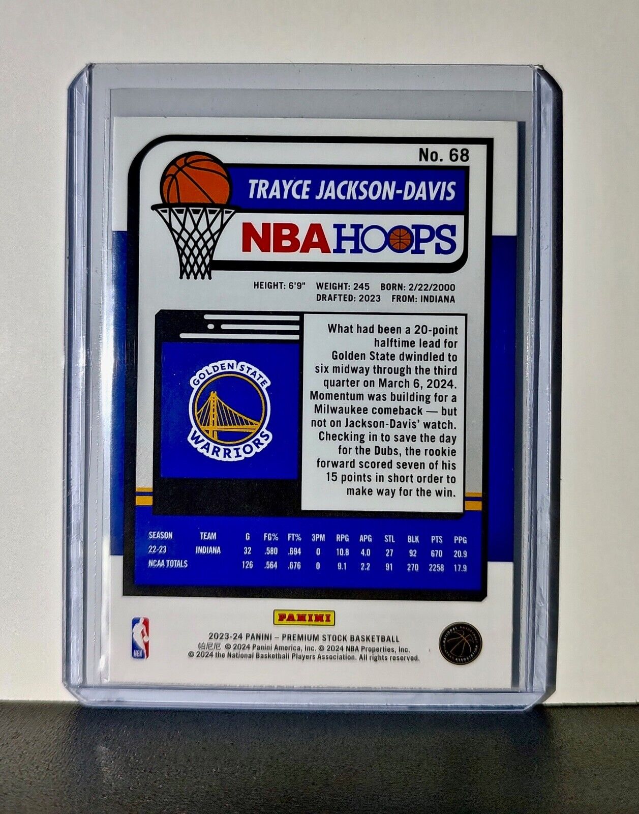 Trayce Jackson-Davis 2023-24 Panini Premium Stock NBA Hoops #68 Rookie Warriors
