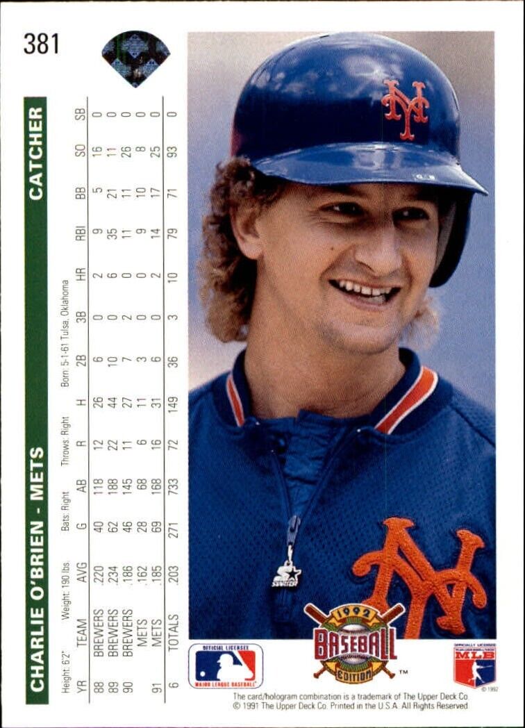 Charlie O'Brien 1992 Upper Deck MLB #381 Baseball Card New York Mets