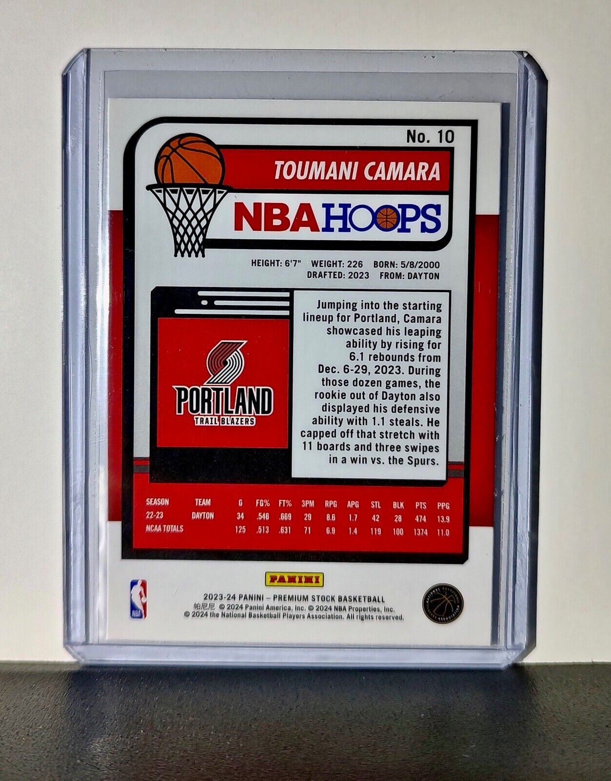 Toumani Camara 2023-24 Panini Premium Stock NBA Hoops #10 Rookie Trail Blazers