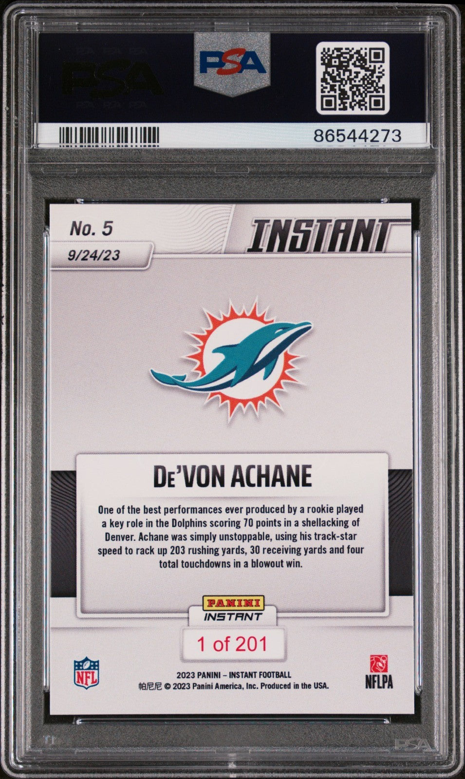 De'Von Achane 2023 Panini NFL Rookie #5 Card 1 of 201 Miami Dolphins PSA 9 Mint