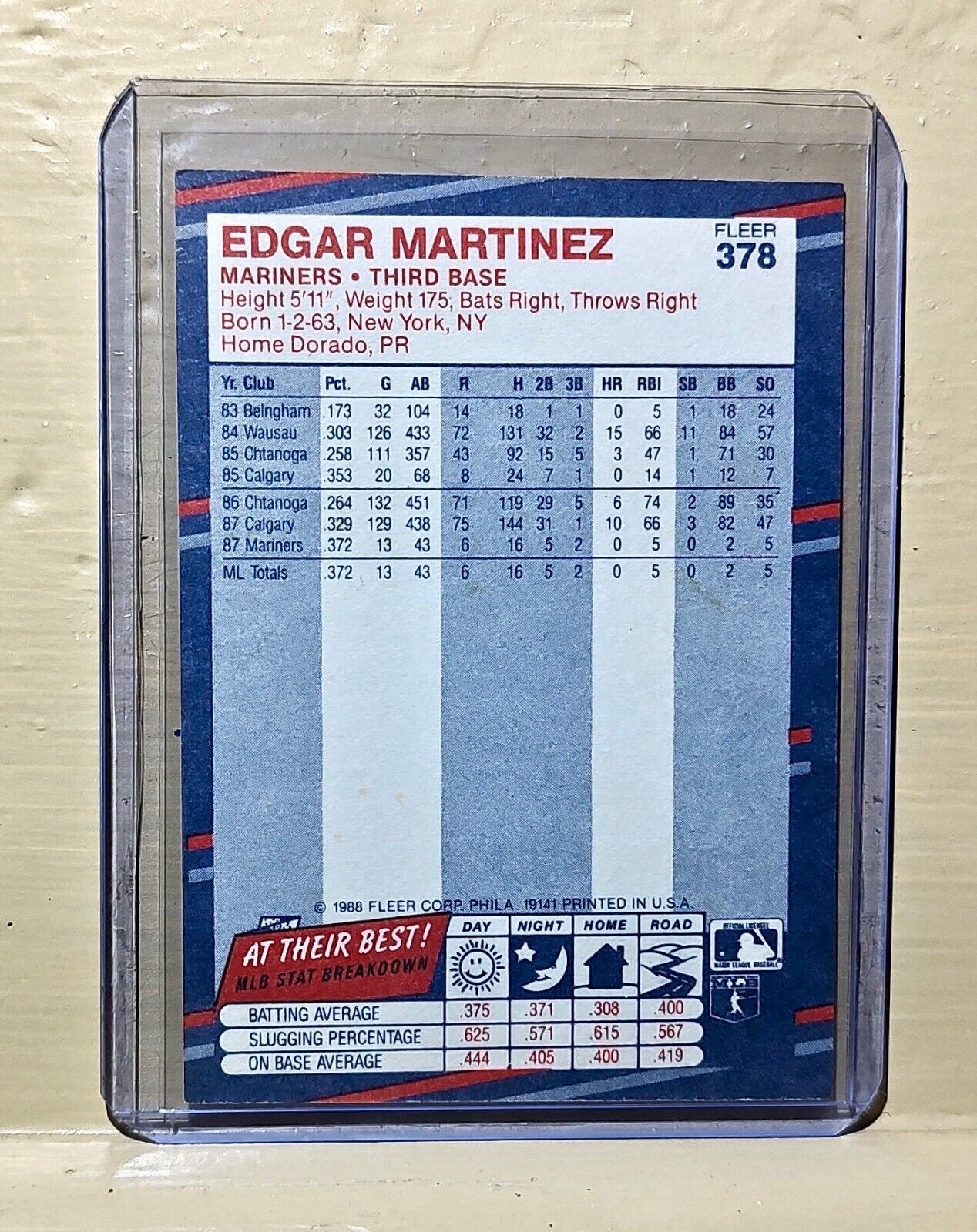 Edgar Martinez 1988 Fleer MLB #378 Baseball Card Seattle Mariners