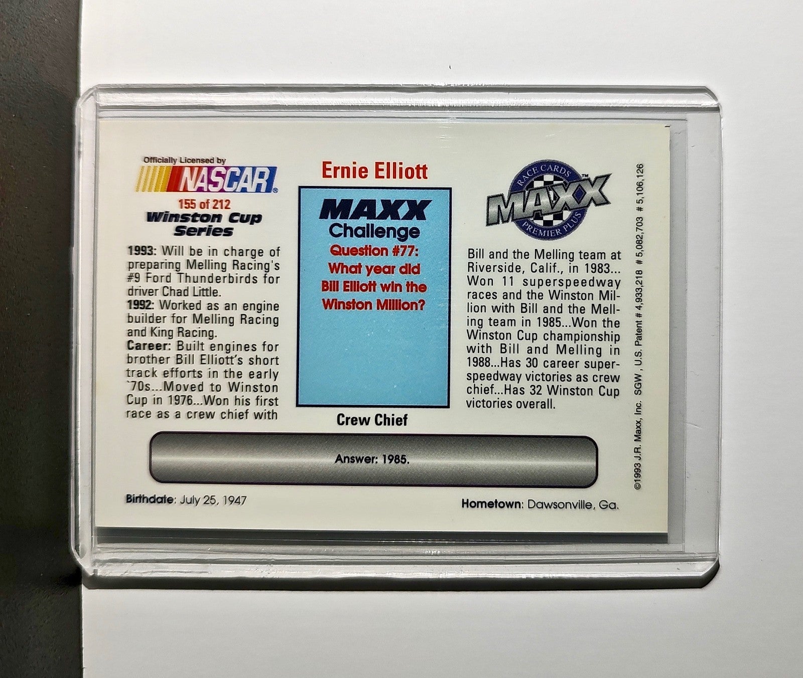 Ernie Elliott 1993 Maxx Premier Plus Racing #155 NASCAR Card Melling Racing