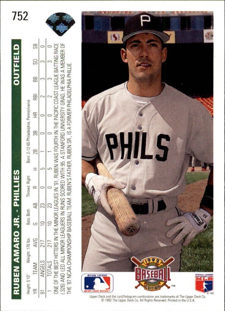 Ruben Amaro 1992 Upper Deck MLB #752 Baseball Card Philadelphia Phillies