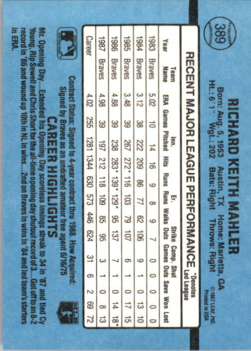 1988 Rick Mahler Donruss Baseball Card #389