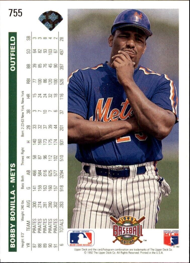 Bobby Bonilla 1992 Upper Deck MLB #755 Baseball Card New York Mets