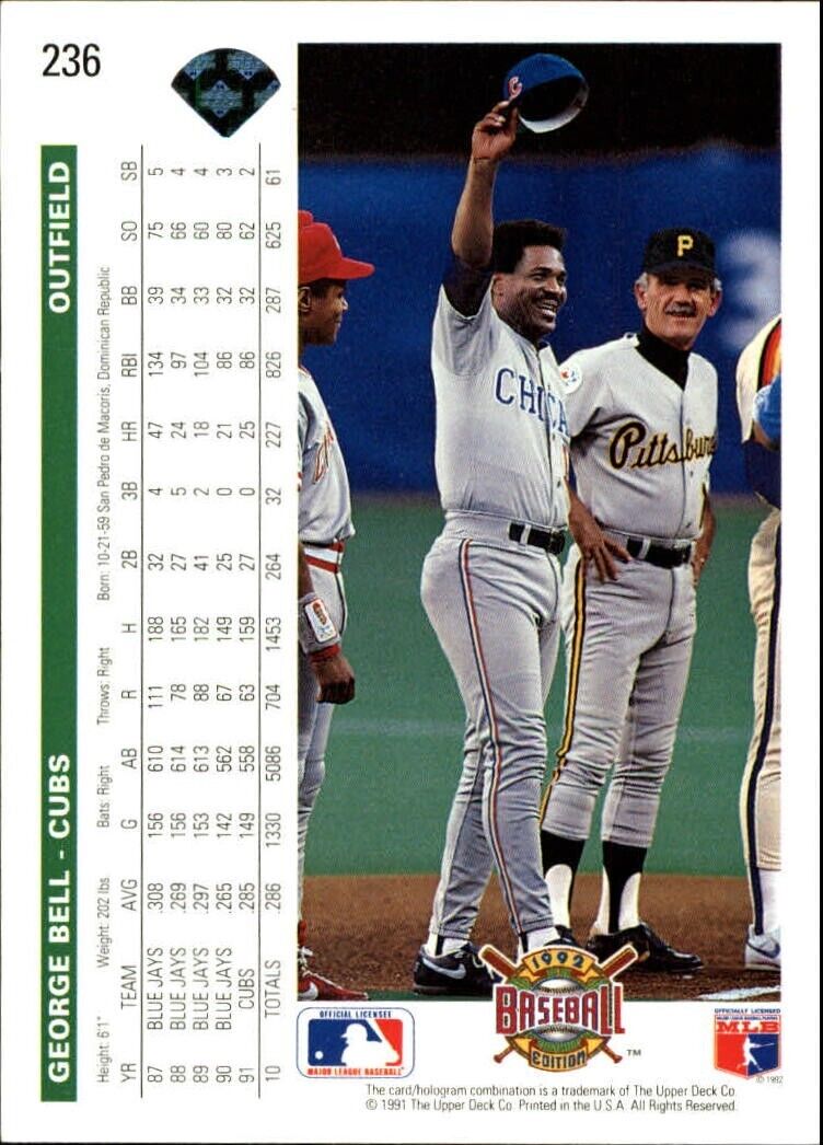 George Bell 1992 Upper Deck MLB #236 Baseball Card Chicago Cubs