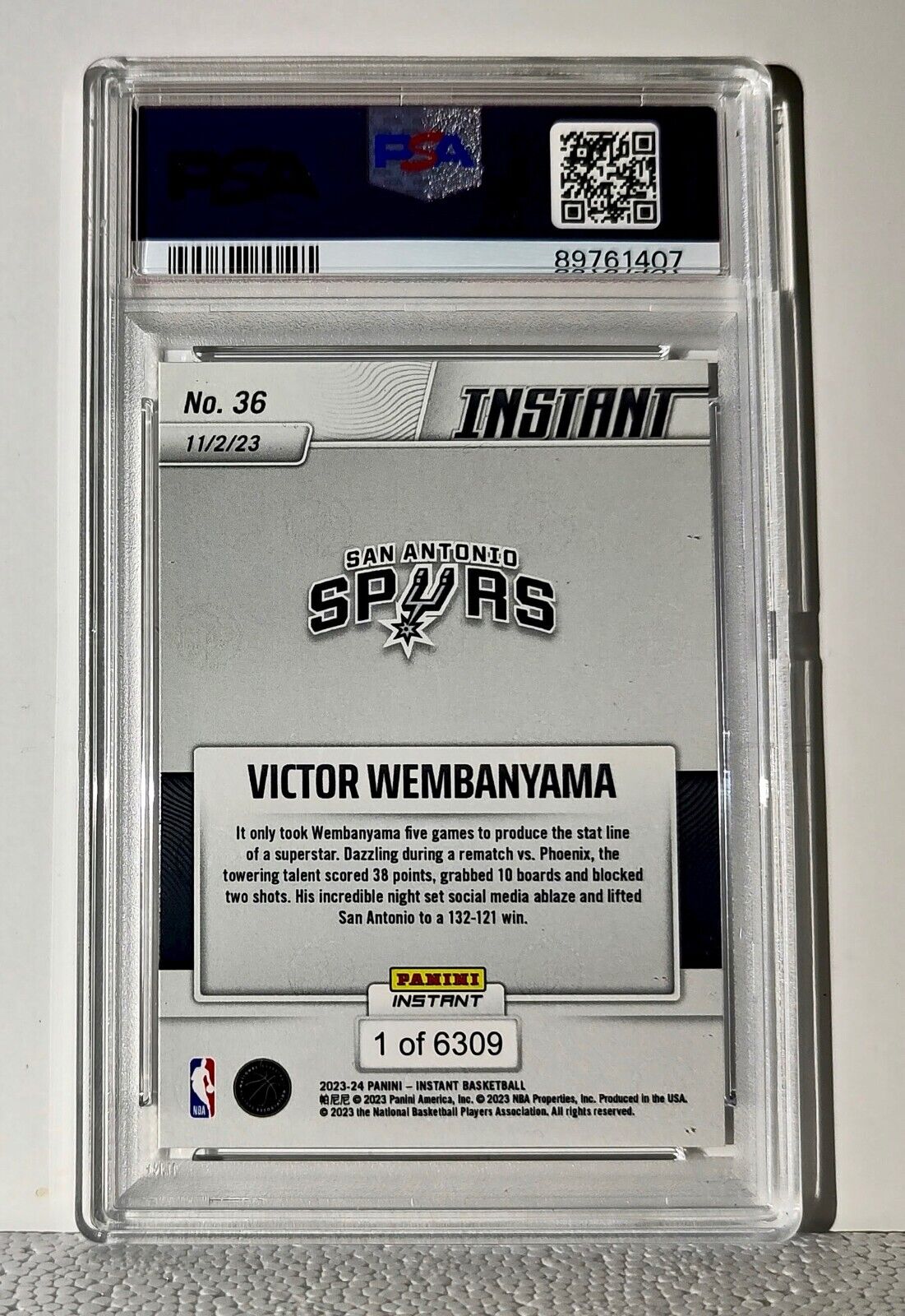 Victor Wembanyama 2023-24 Panini #36 NBA Rookie Card Spurs 1 of 6309 PSA 9 Mint